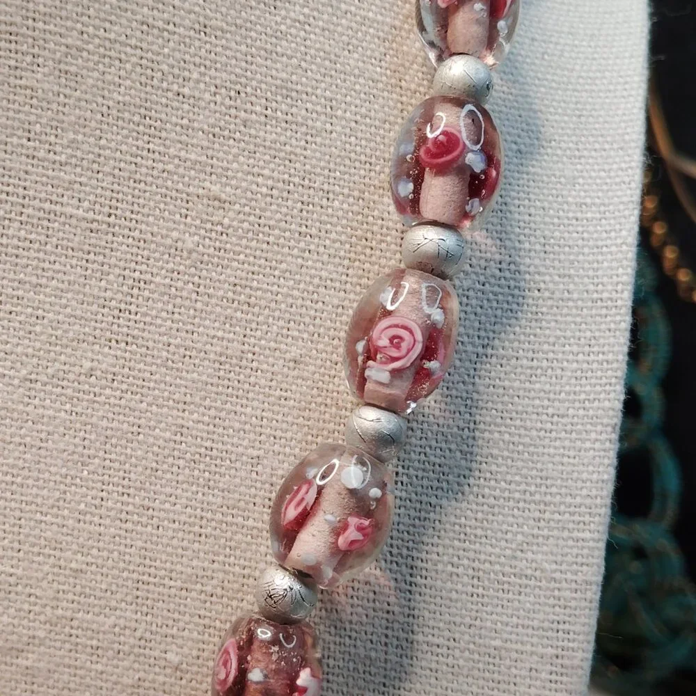 Artisan Made Vintage Pink Glass Bead Necklace Filigree Heart Dangle 19